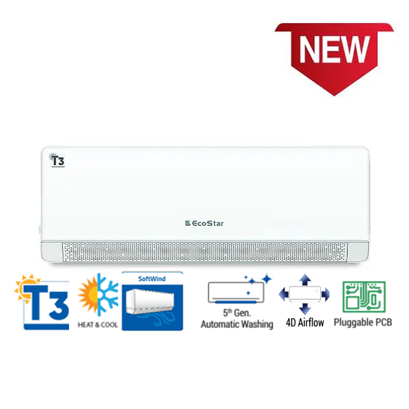 Ecostar ES-12NV02WT3 Novo Max Series 1-Ton DC Inverter Heat and Cool, T3 Compressor, Breezeless Soft Wind ecostar es 12nv02wt3 novo max series 1 ton dc inverter heat and cool t3